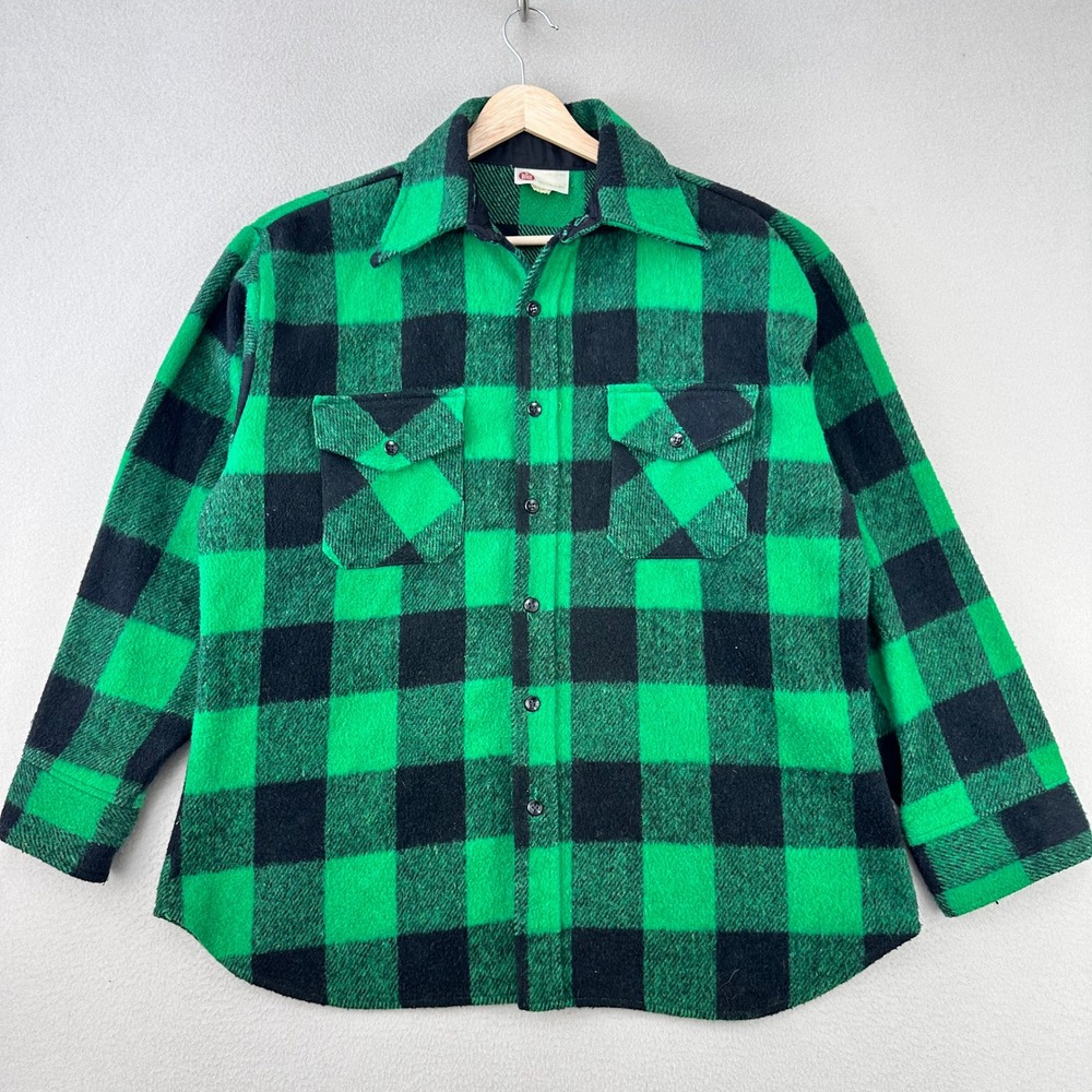 Vintage 60s Wool Flannel Shirt Jacket Men Large Green/Black Buffalo Plaid Thick